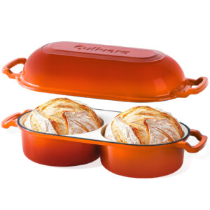CULIVORA Cast Iron Bread Pan with Lid, Enamel Sourdough Baking Dutch Oven Pot, Double Round Loaf Space for Homemade, Bread, Cake, Meatloaf, 16.5cm Diameter, 500°F Oven Safe, Non Stick, Orange
